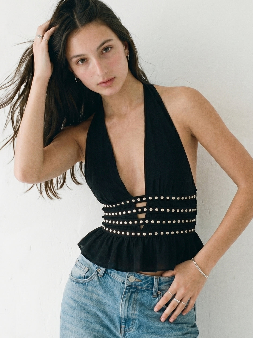 Black Halter Neck Top With Studded Tiers