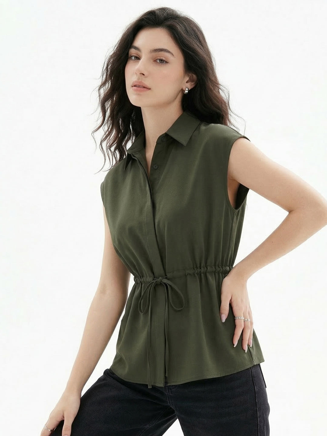 Teal Waist Detail Collared Top