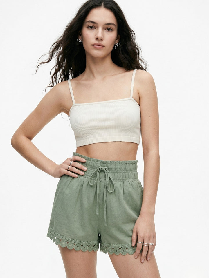Green Lace Hem Solid Shorts