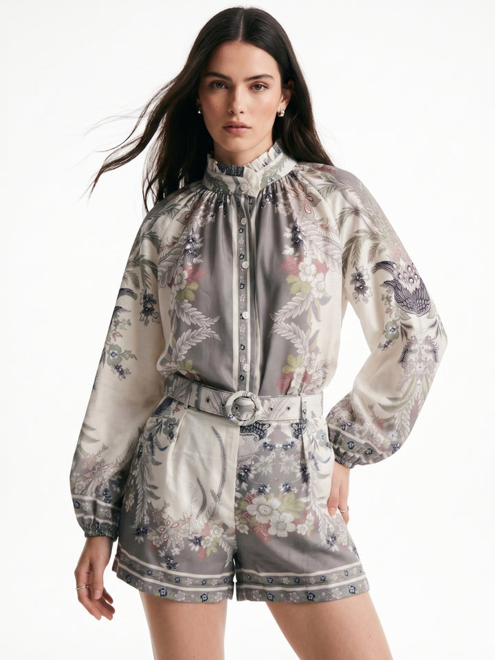 Grey Ruffle Neckline Printed Shirt And Shorts Set With Belts