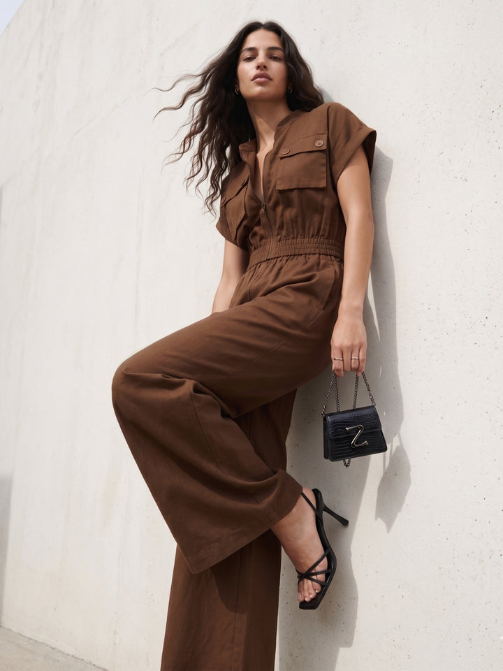 Brown Front Zip -Up Top And Pant Set