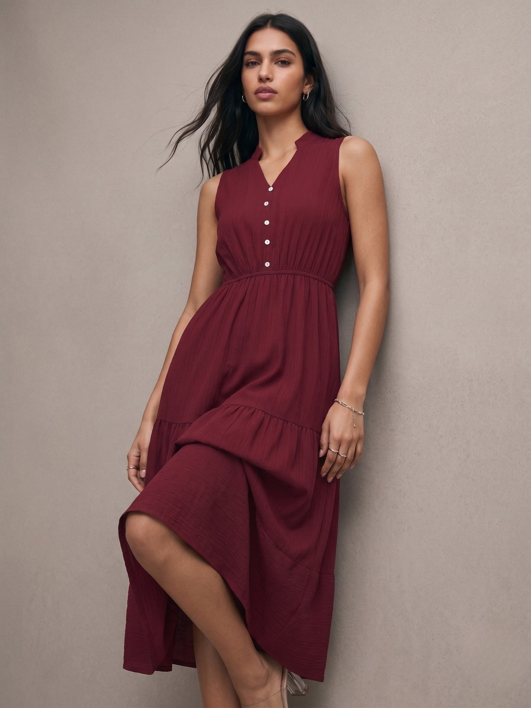Maroon Sleeveless Tiered Dress