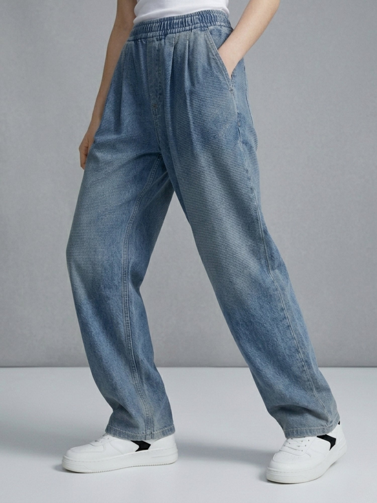 Blue High Waist Pleated Wide Leg Pant