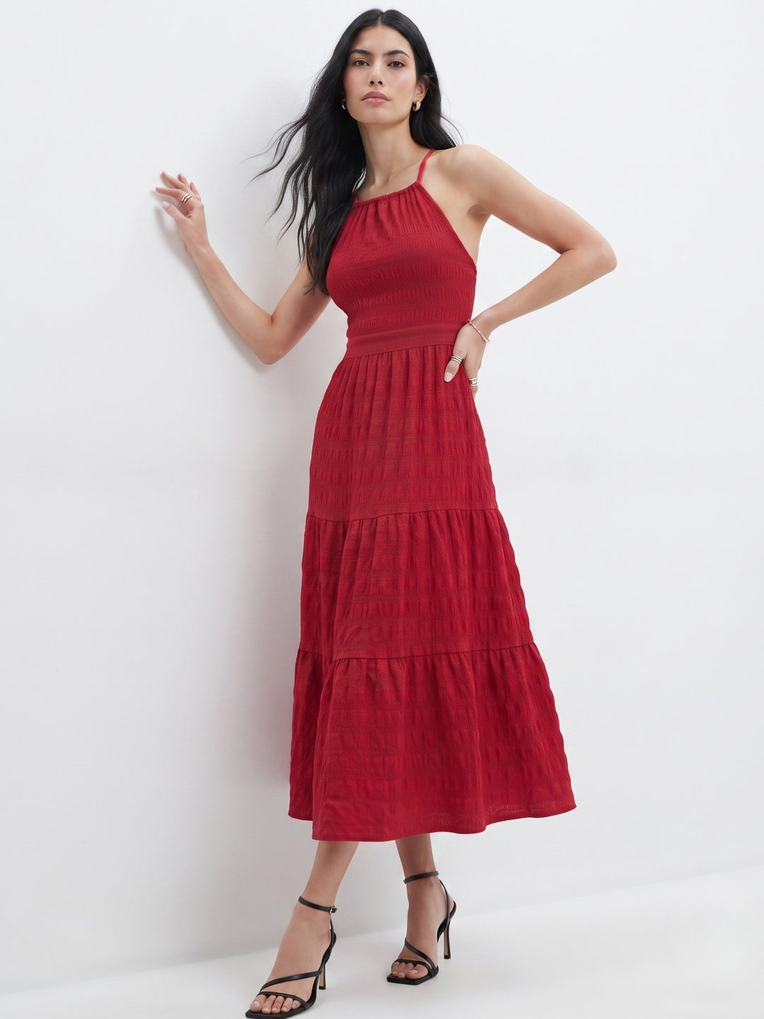 Red Halter Neck Textured Tiered Dress