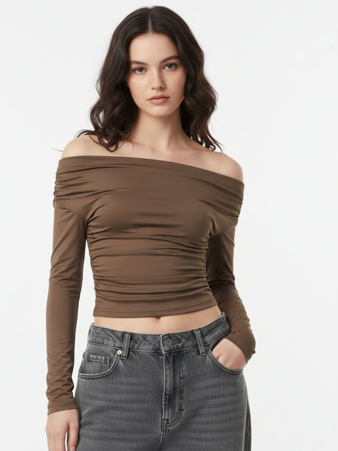 Brown Full Sleeve Off Shoulder Top