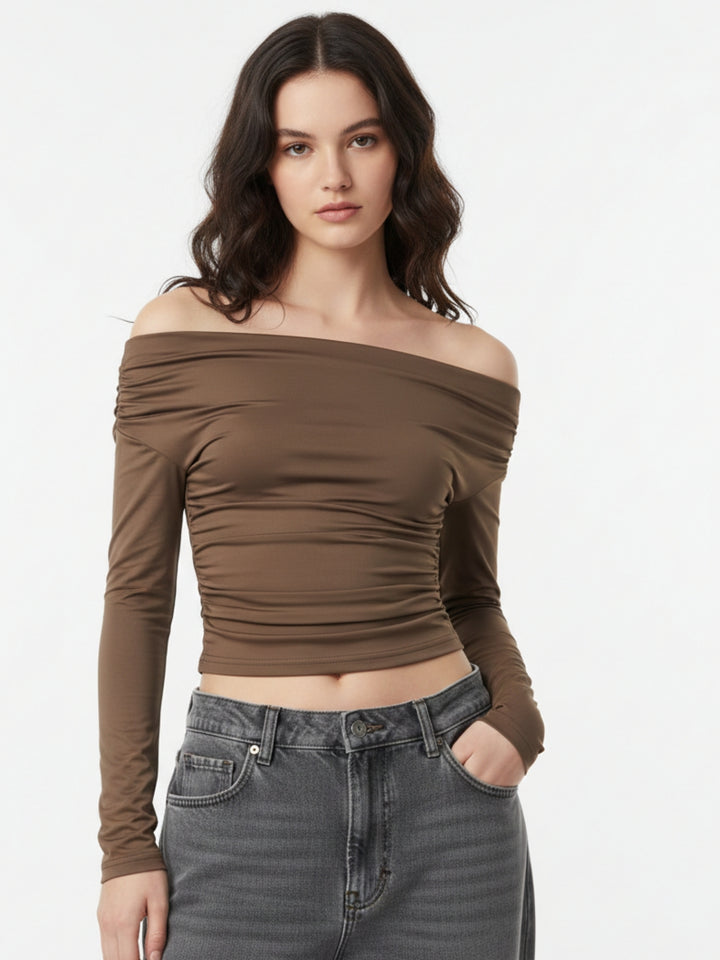 Brown Full Sleeve Off Shoulder Top