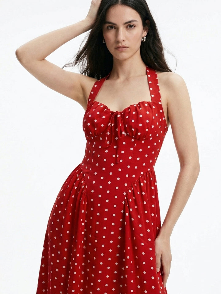 Red Sweetheart Halter Neckline Polka Dotted Dress