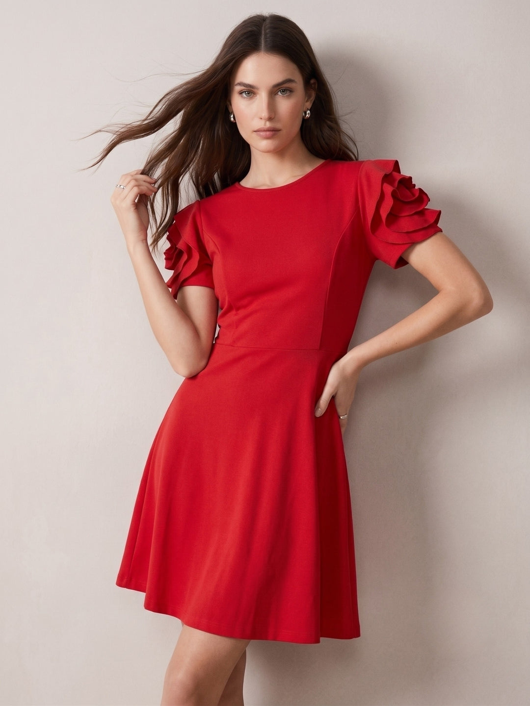 Red Skater Dress With Floral Corsages On The Sleeves