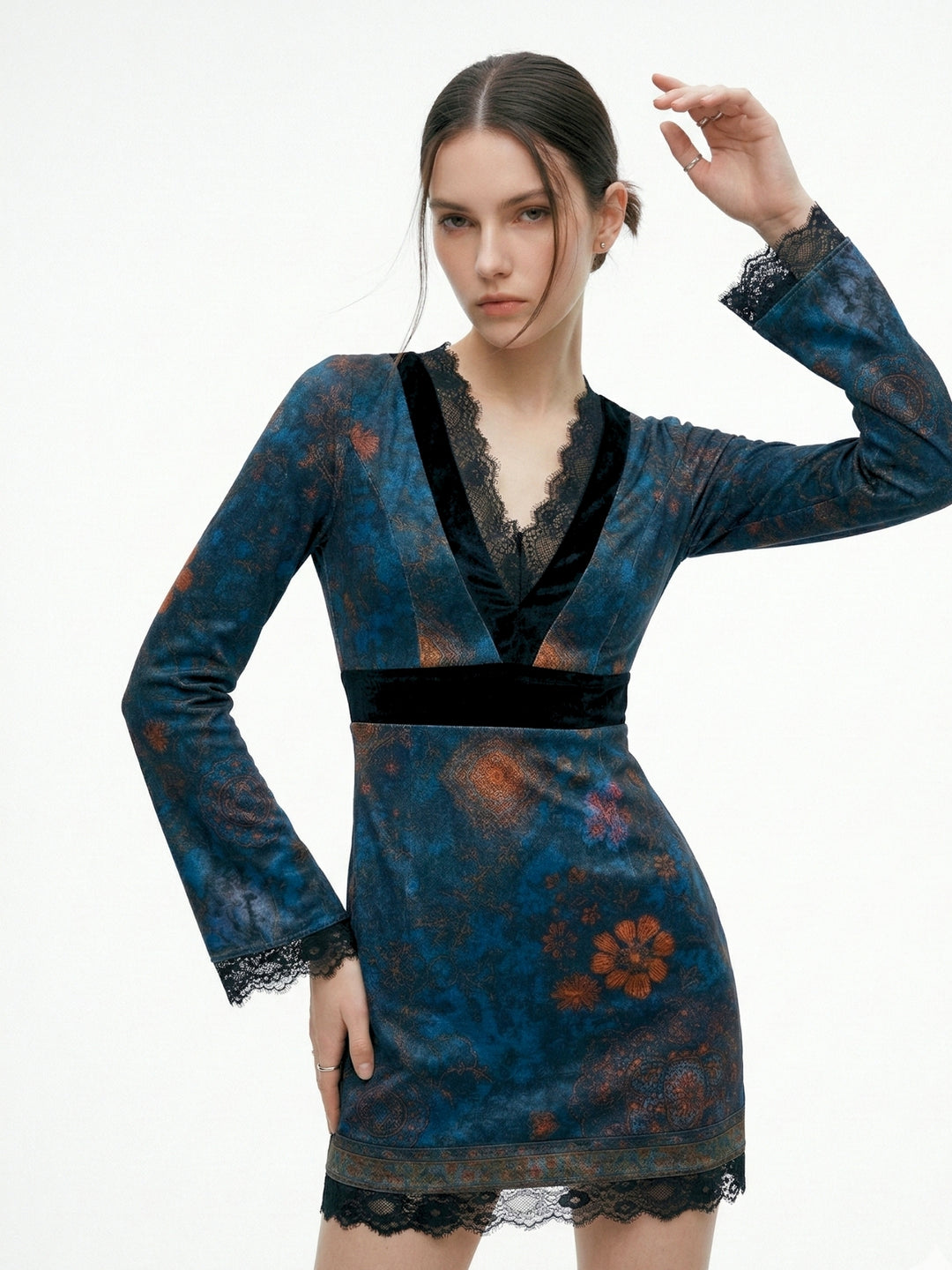 Navy blue Lace Detail Printed Bodycon Dress