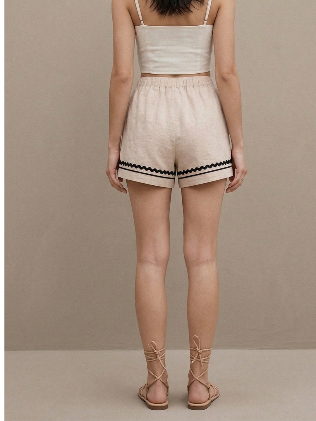 Beige High Waist Contrast Detail Shorts