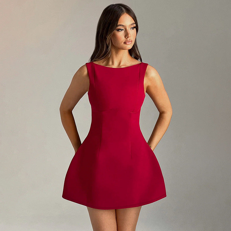 Red Low Back Skater Dress With Princess Dart