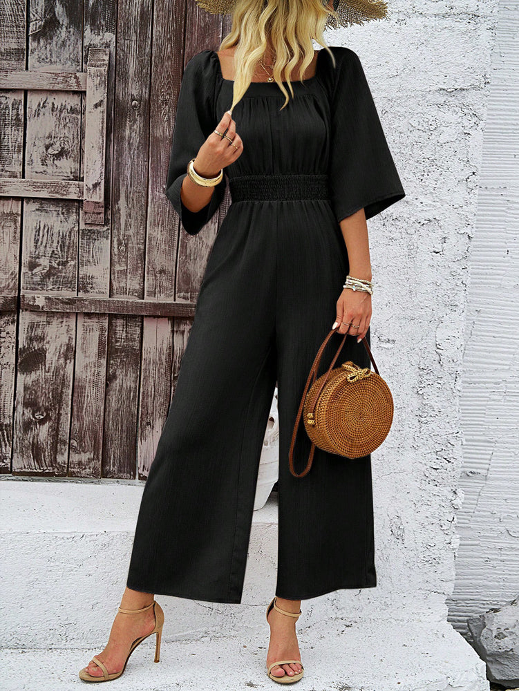 Black Wide Leg Jumpsuit With Smocking Detail