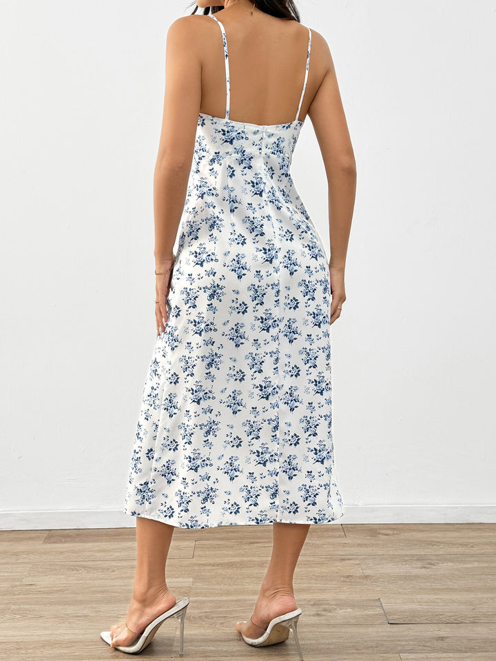 Blue Printed Spaghetti Strap Slit Dress