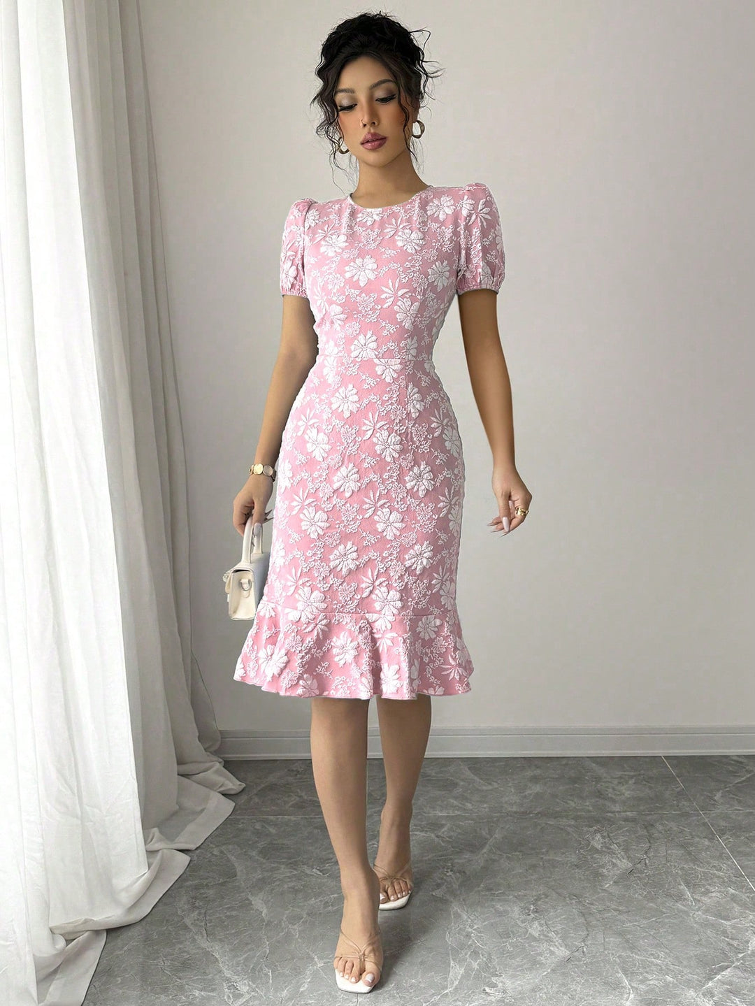 Pink Short Sleeve Textured Ruffle Hem Dress