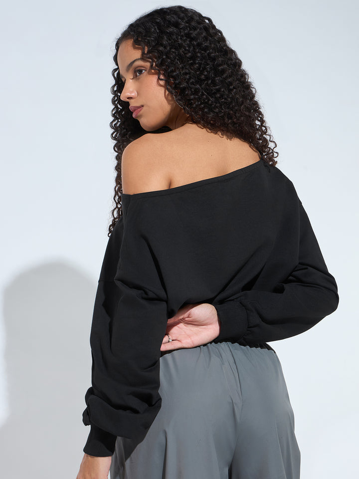 Black V Neck Cropped Sweatshirt