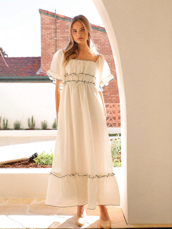 Cream Contrast Binding Off-Shoulder Dress