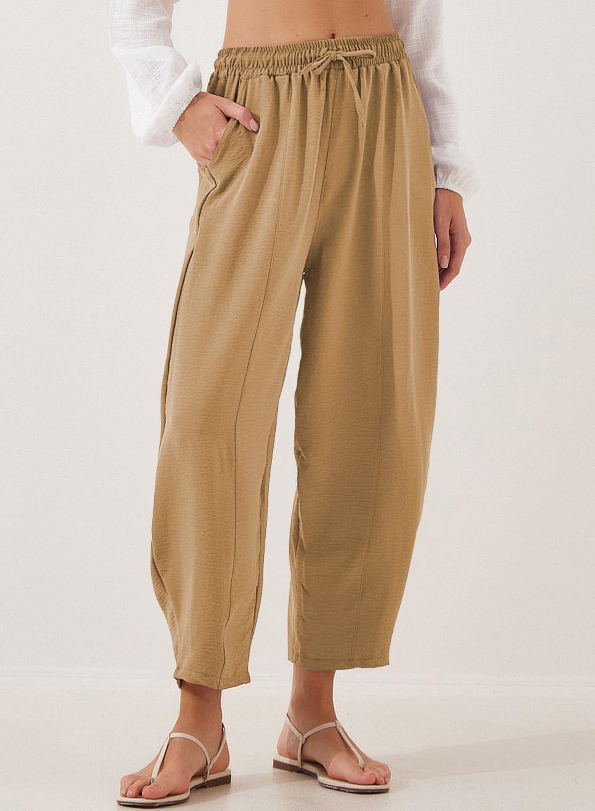Beige Elasticated Waist Band Wide Leg Trouser