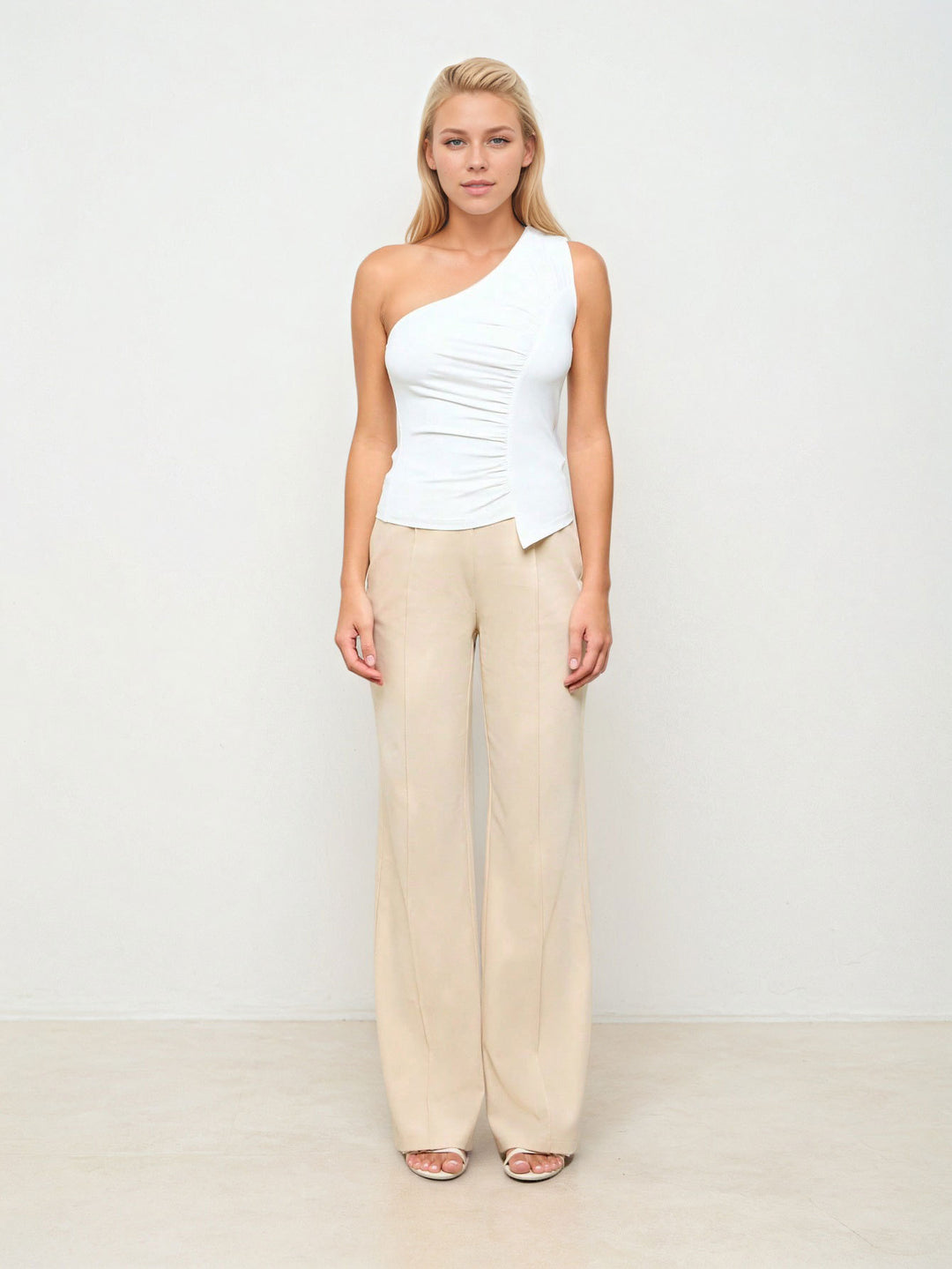 Off White One Shoulder Side Ruched Top