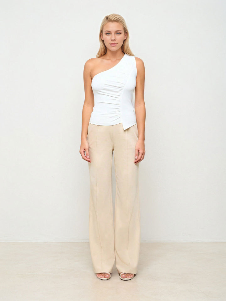 Off White One Shoulder Side Ruched Top