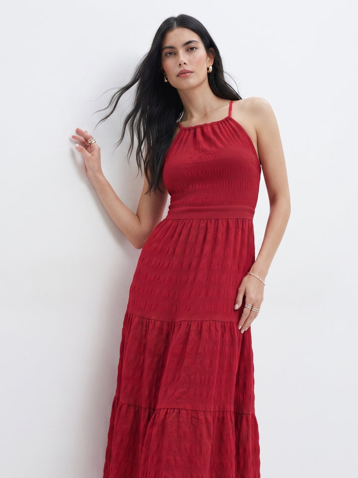 Red Halter Neck Textured Tiered Dress
