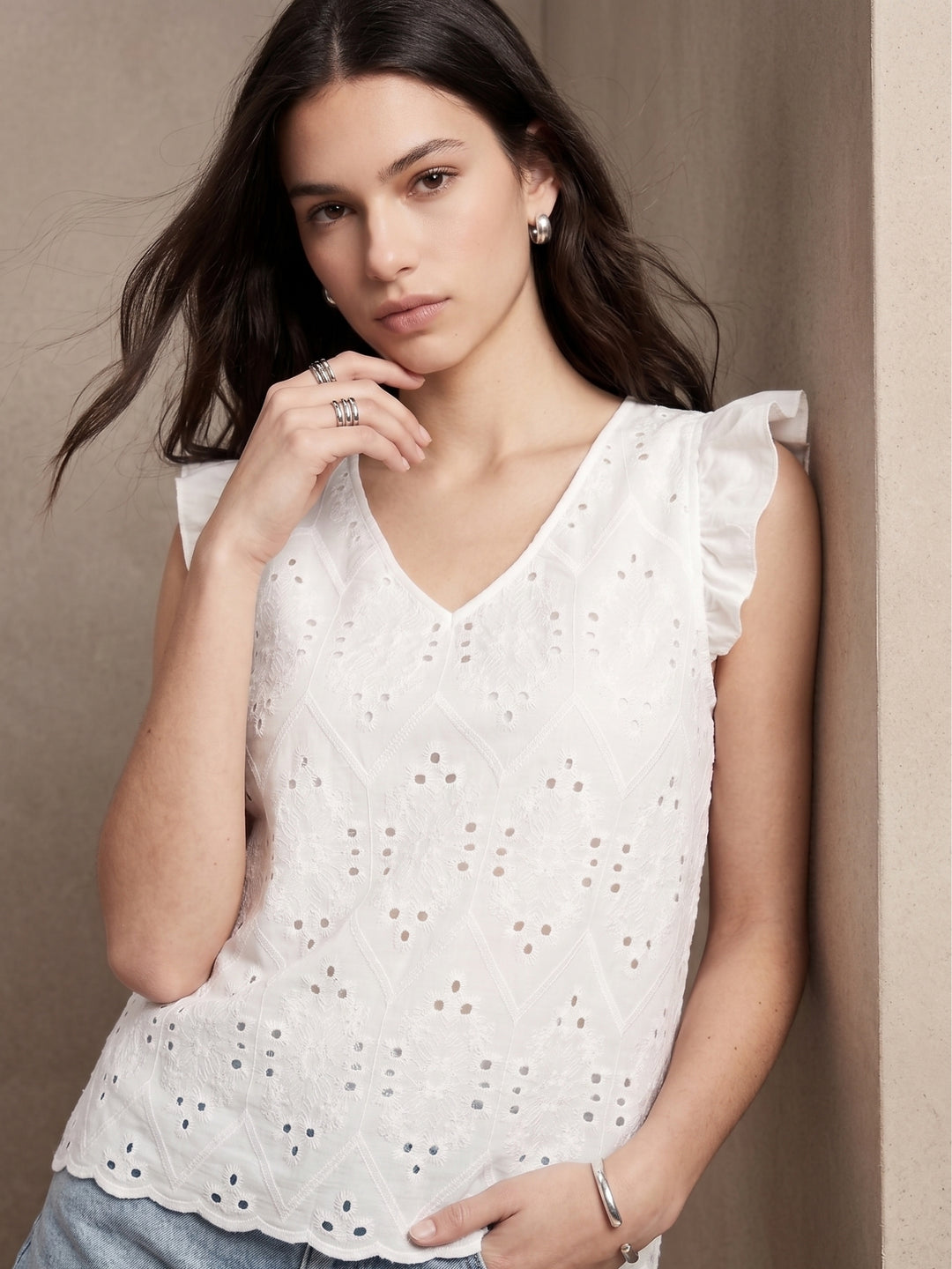 White Ruffle Sleeve Schiffli Top
