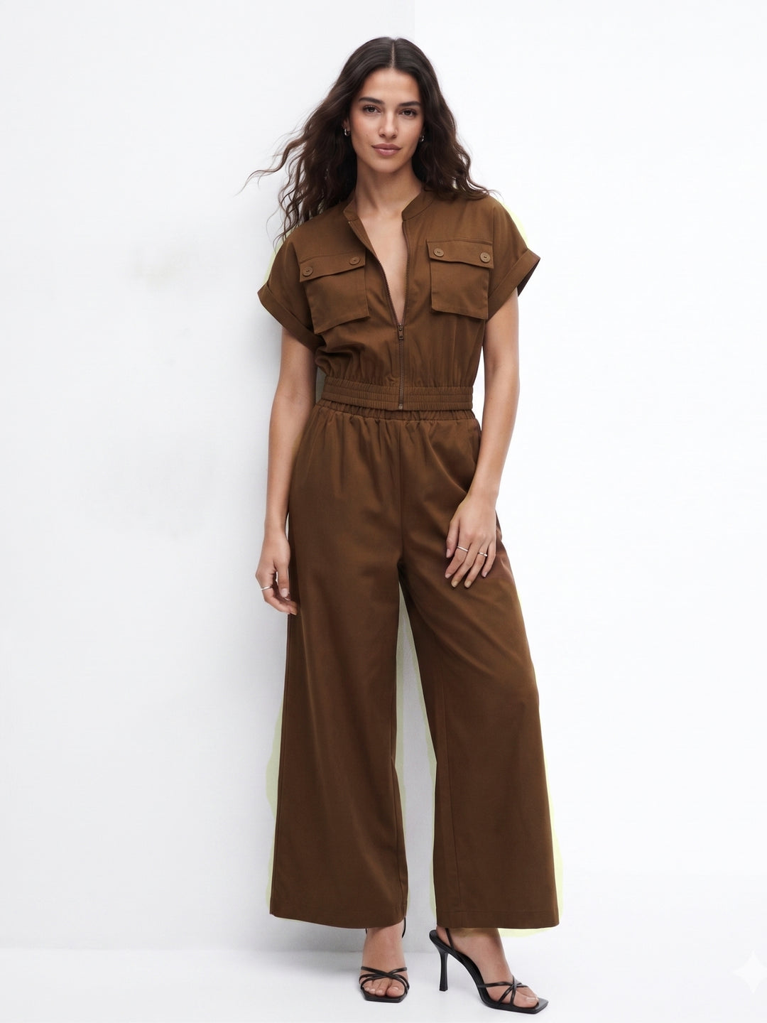 Brown Front Zip -Up Top And Pant Set