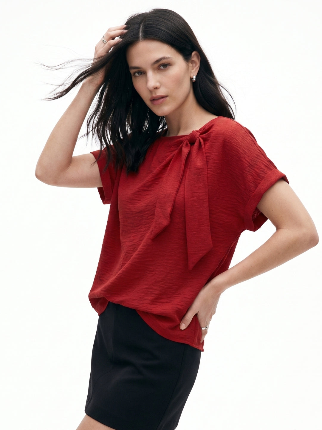 Red Relaxed Blouse With Tie Up Detail