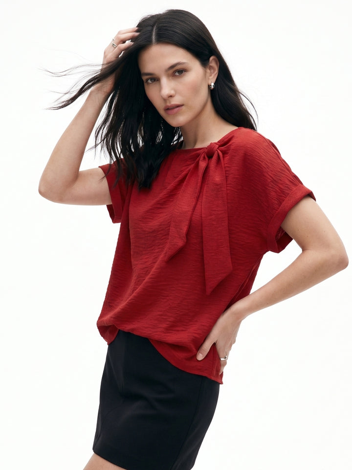 Red Relaxed Blouse With Tie Up Detail