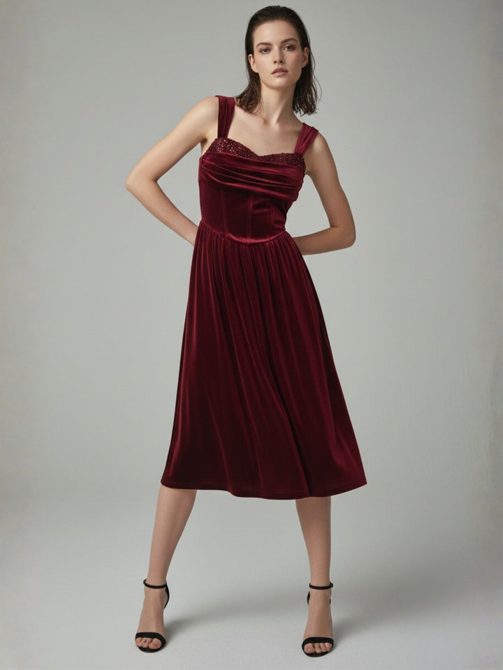 Wine Sweetheart Neckline Flared Dress With Sequins