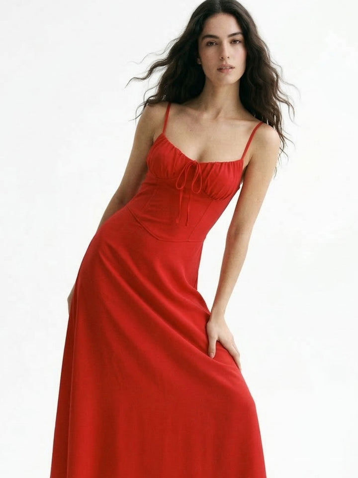 Red Bust Gathered Spaghetti Strap Dress