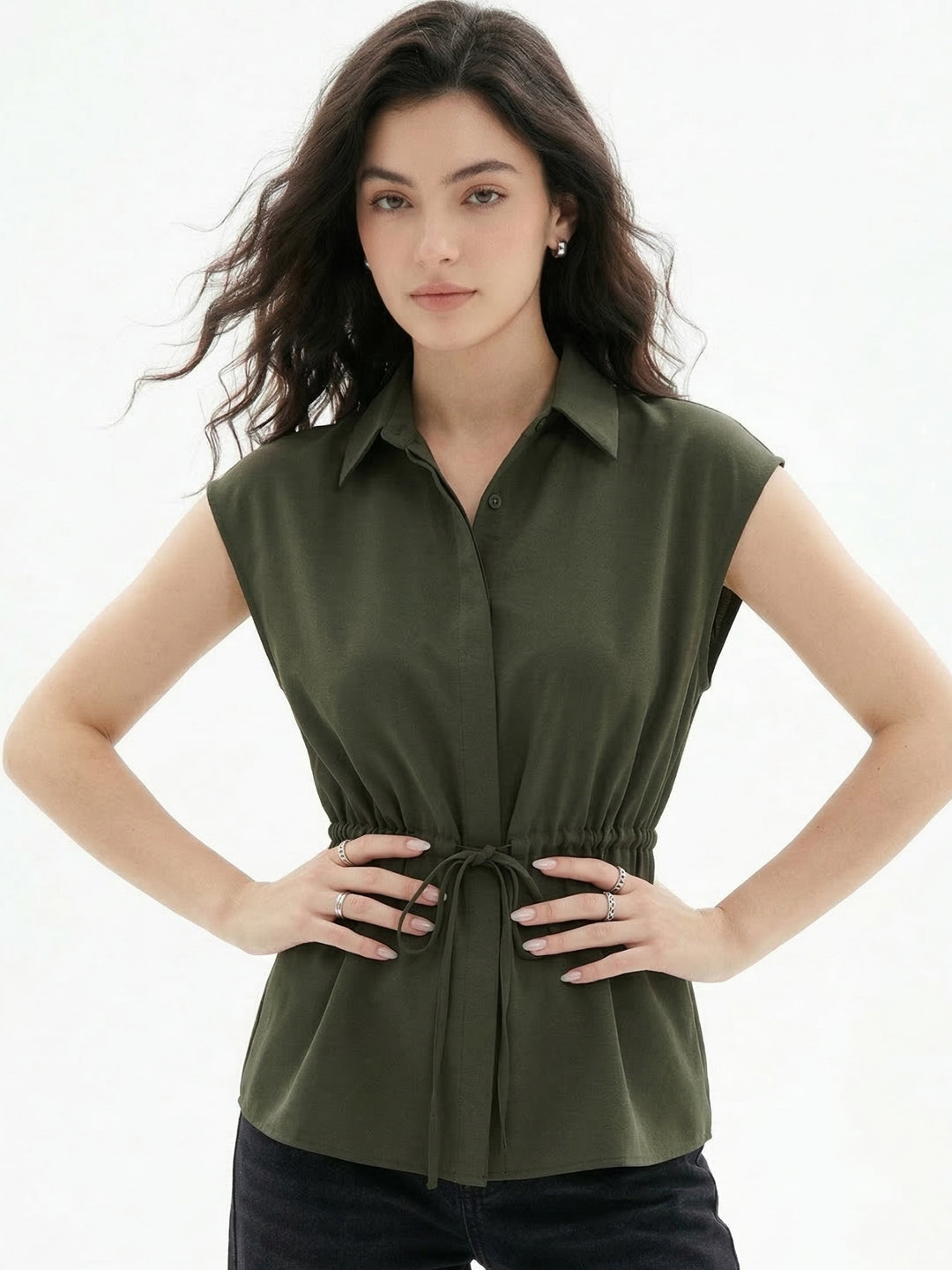 Teal Waist Detail Collared Top