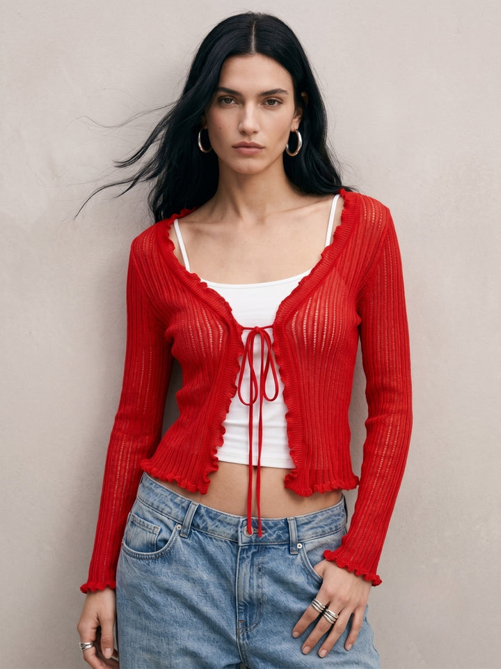 Red Ribbed Textured Front Tie Up Shrug Top