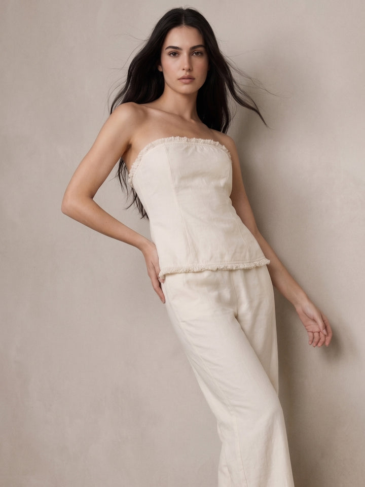 Cream Structured Tube Top And Pants Co-Ord Set