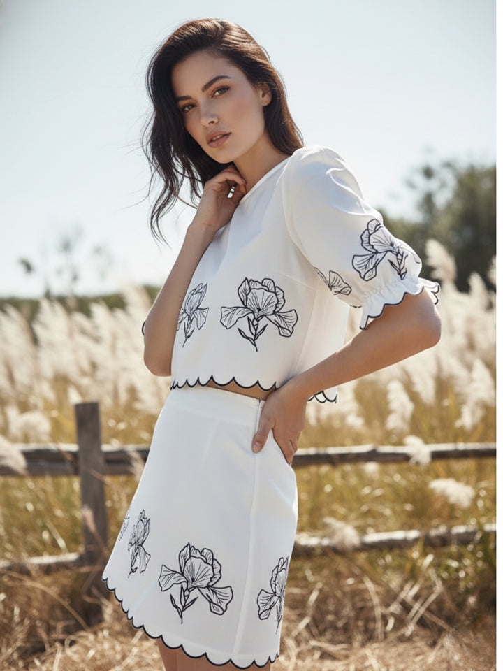 White Printed Top And Mini Skirt Co-Ord Set