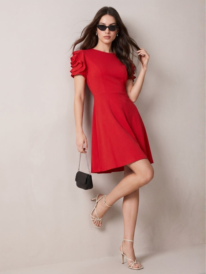 Red Skater Dress With Floral Corsages On The Sleeves