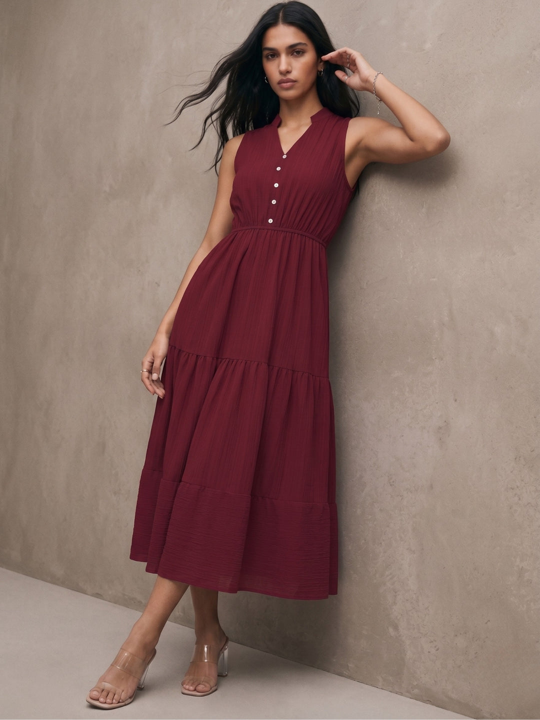 Maroon Sleeveless Tiered Dress