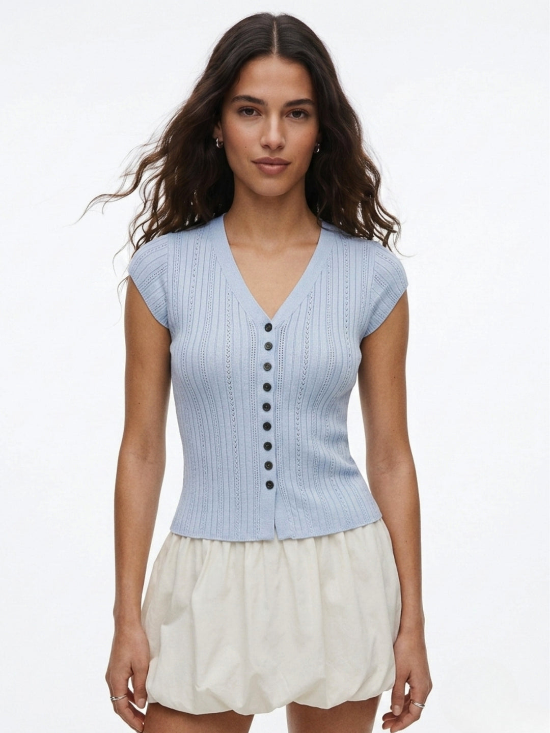 Blue Textured Front Buttoned Top
