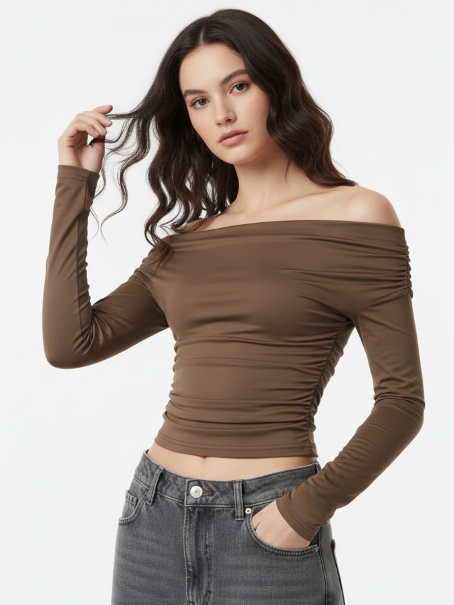 Brown Full Sleeve Off Shoulder Top