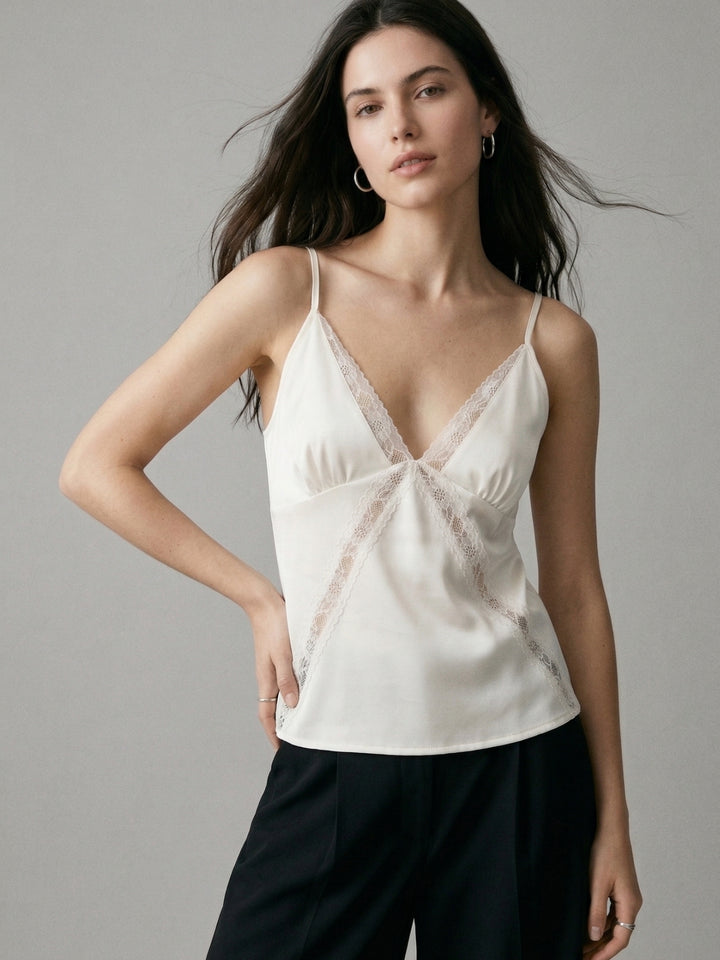 Off White Plunge Neck Camisoles With Criss Cross Lace Insert