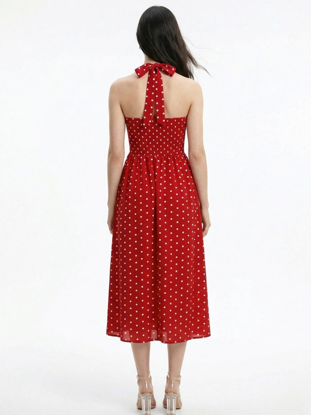 Red Sweetheart Halter Neckline Polka Dotted Dress