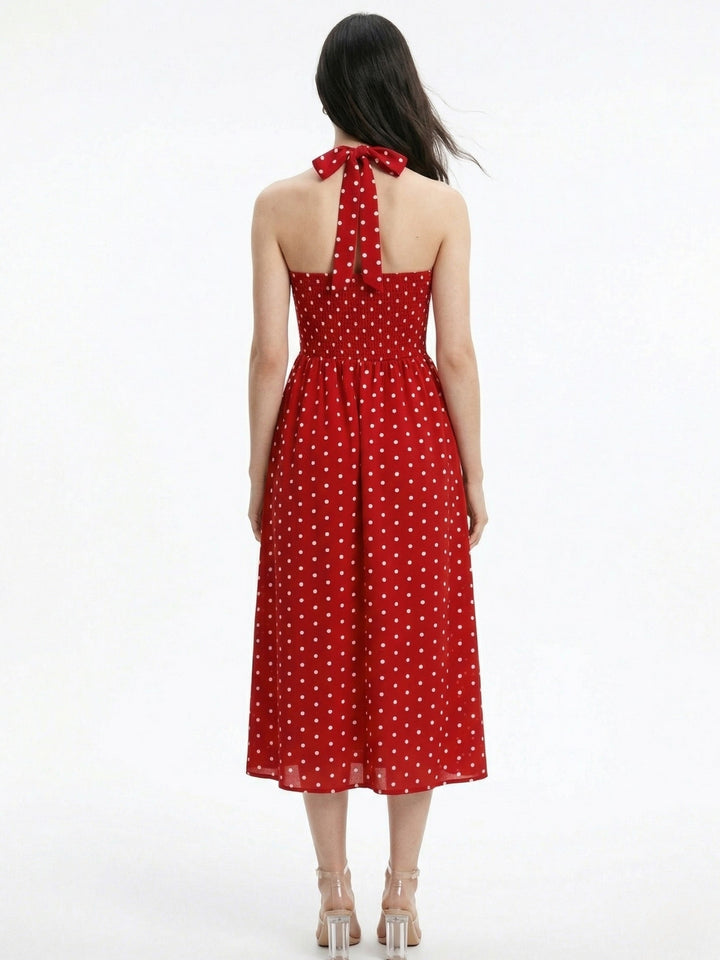 Red Sweetheart Halter Neckline Polka Dotted Dress