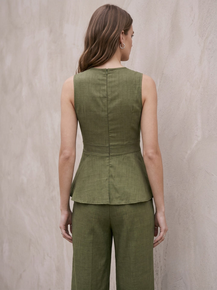 Olive Peplum Top With Wide Leg Trousers Co-Ord Set