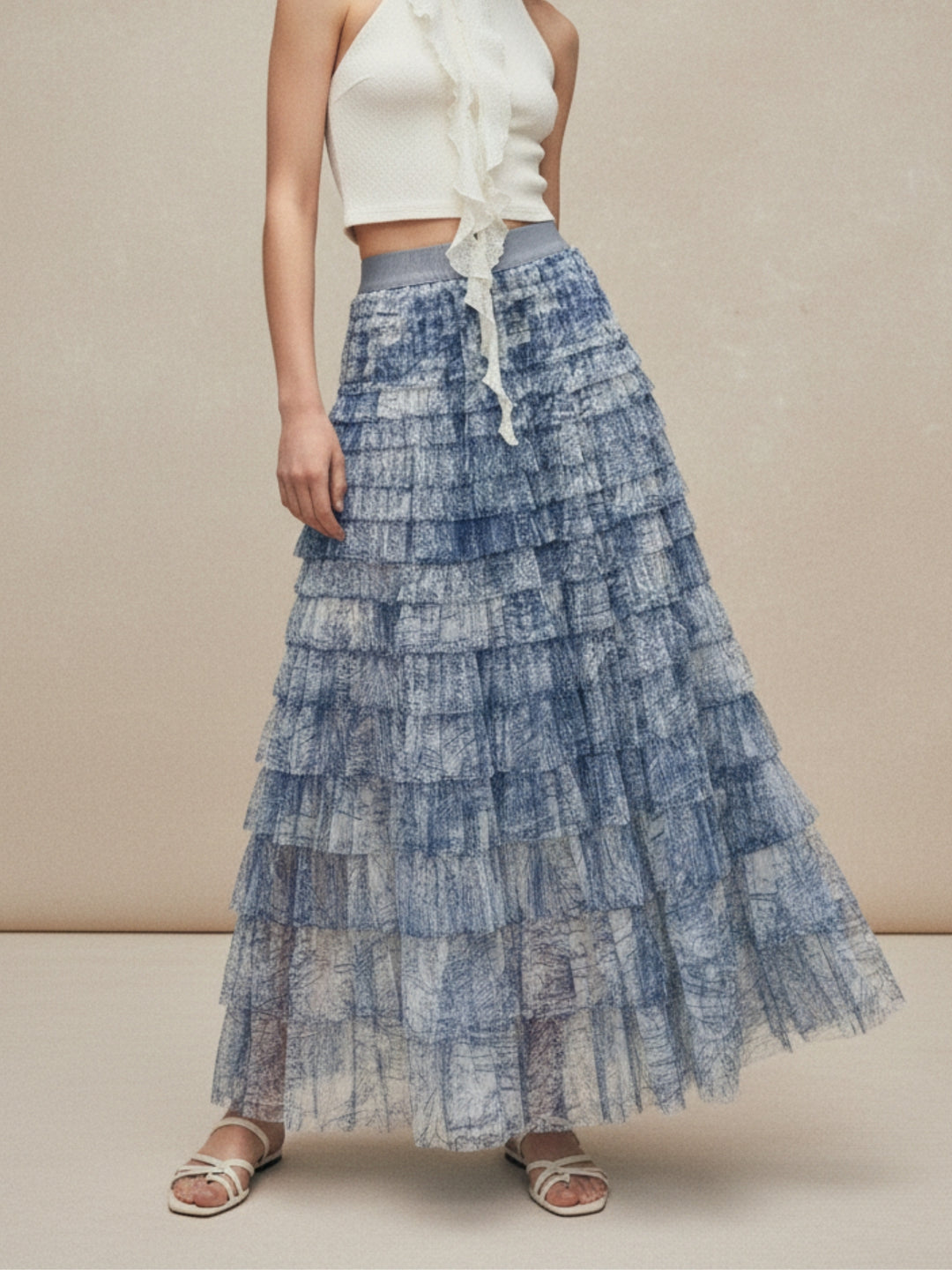 Blue Printed Ombre Coloured Tiered Skirt
