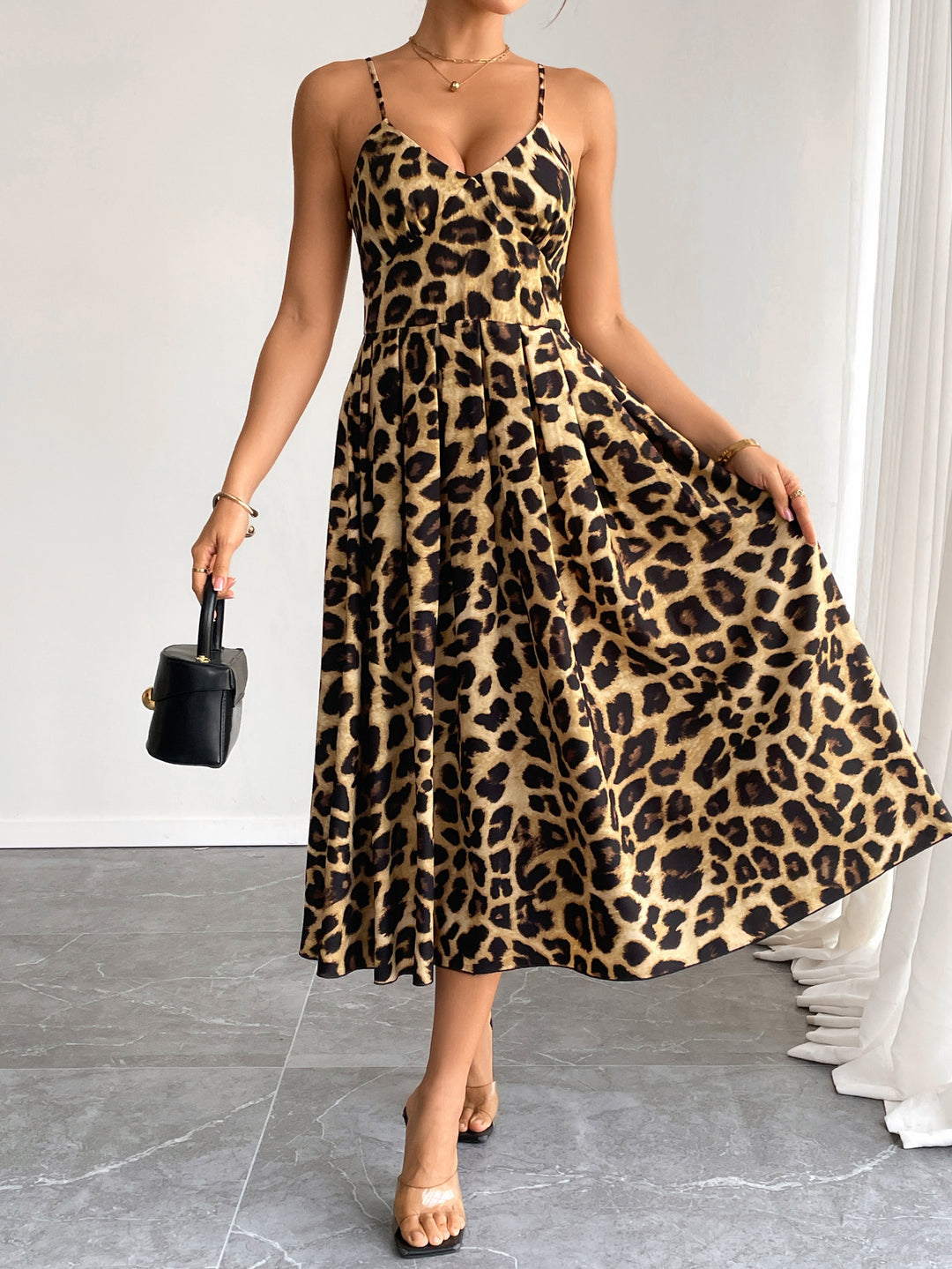 Brown Printed Spaghetti Strap Dress