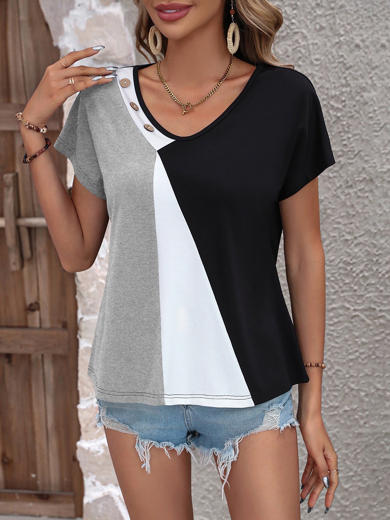 Grey Colour Block Neck Detail Top