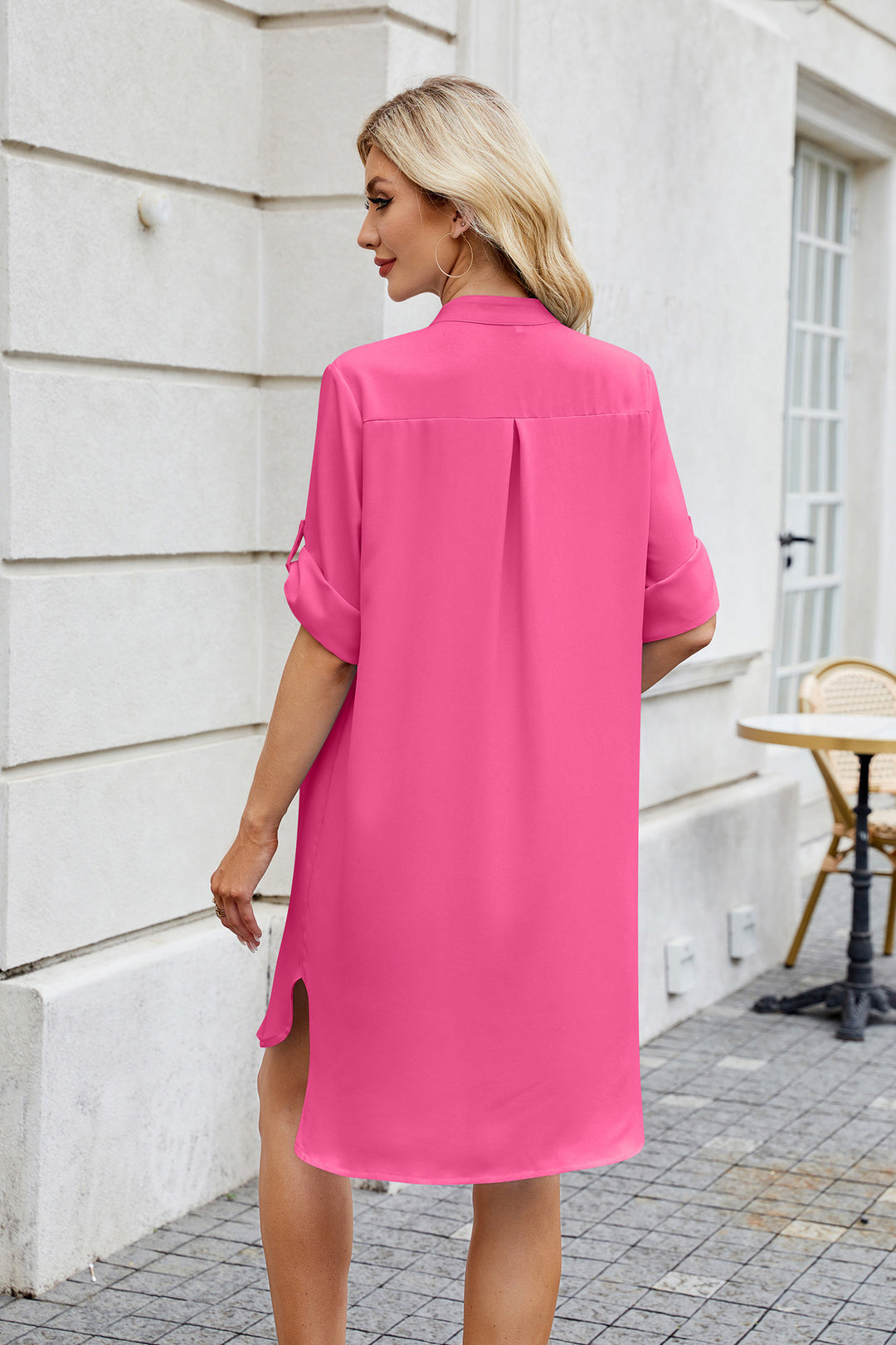 Pink Folded Sleeves Front Buttoned Dress