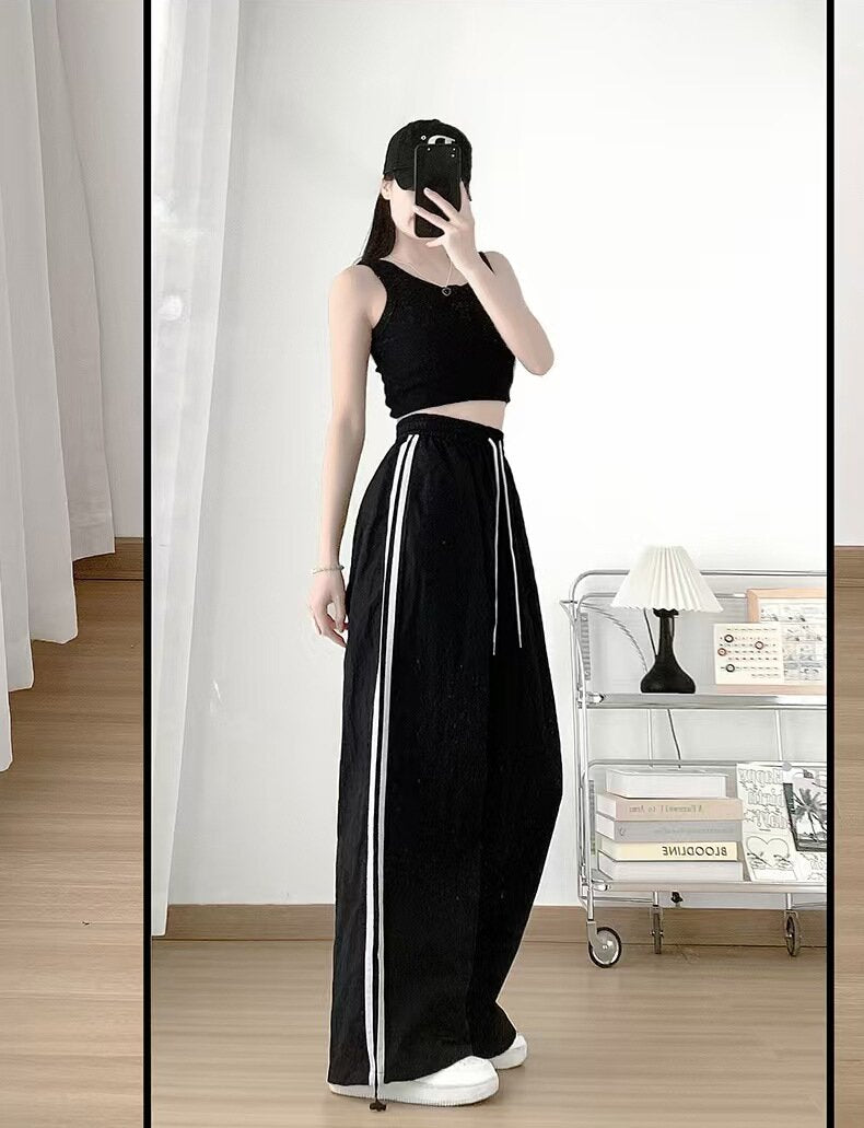 Black Wide Leg Drawstring Stripe Joggers
