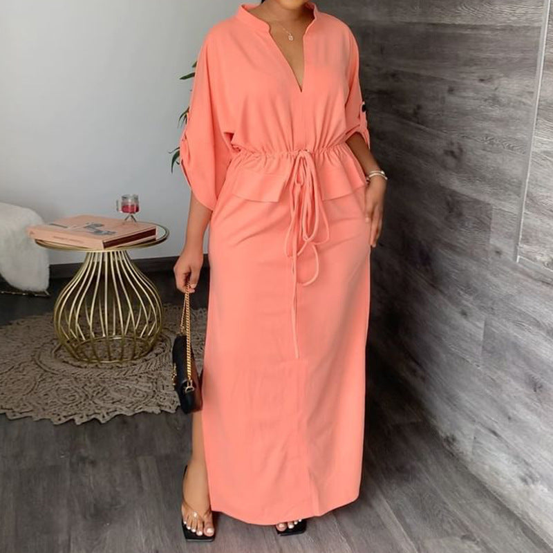 Pink Mandarin Collared Waist Cinched Dress