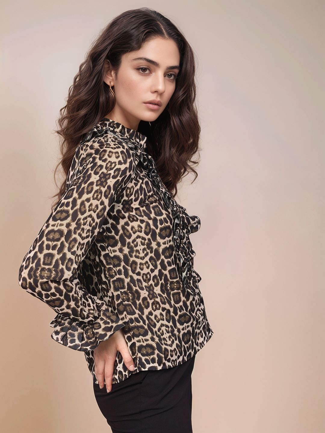 Black Animal Print Bishop Sleeve Top
