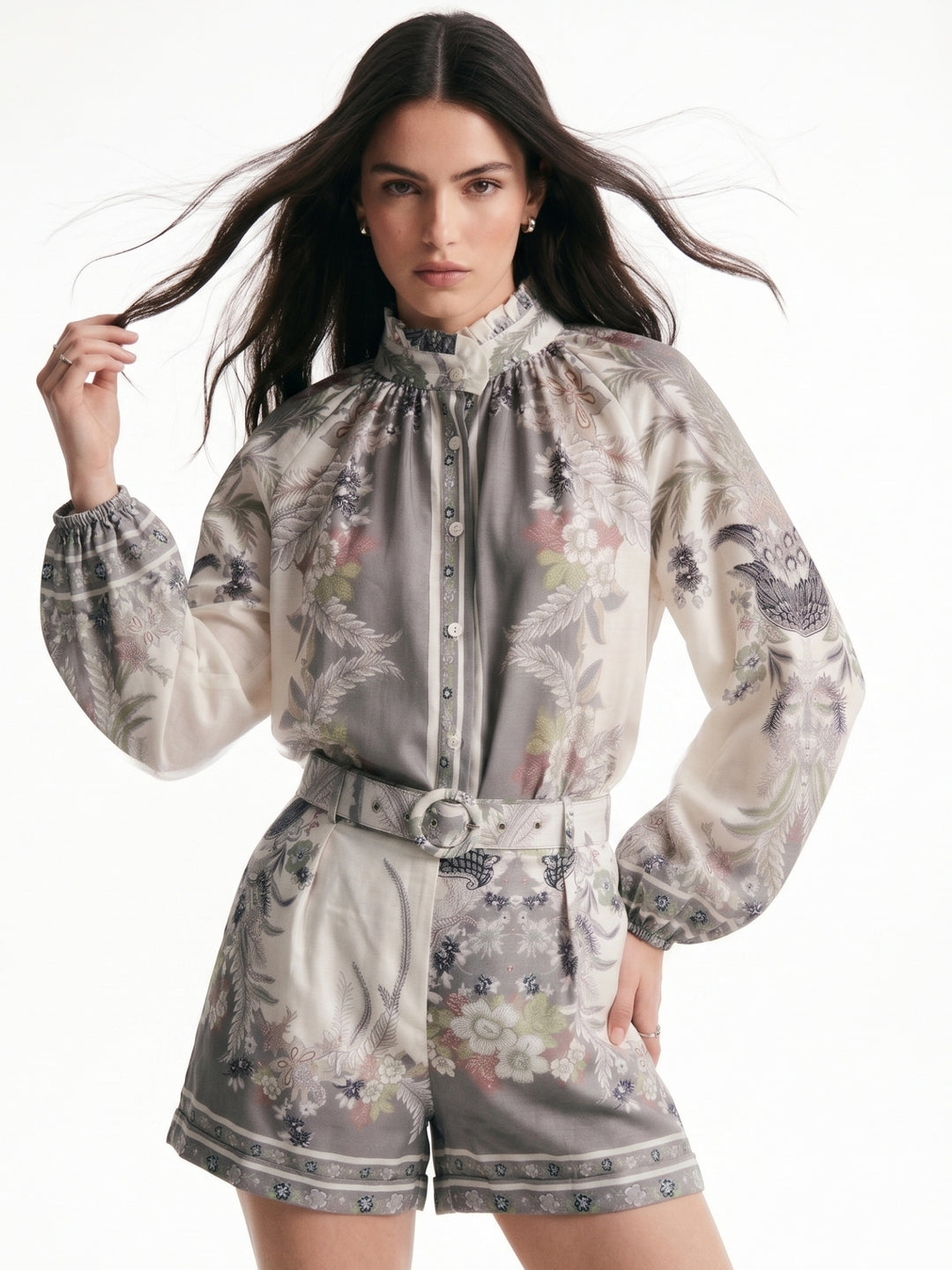 Grey Ruffle Neckline Printed Shirt And Shorts Set With Belts